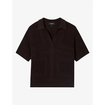 Whistles Womens Short-sleeved Crochet Cotton-knit Polo Shirt Brown Xs