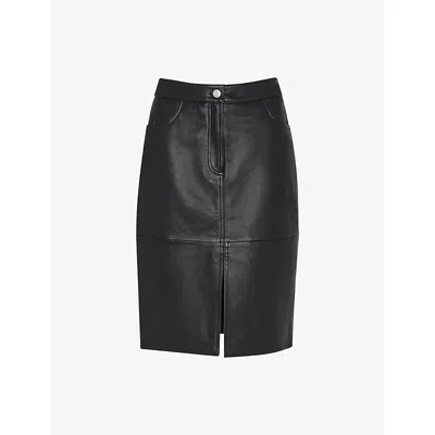 Whistles Womens Black Split-hem Mid-rise Leather Midi Skirt