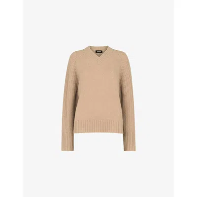 Whistles Womens Tan V-neck Knitted Wool Jumper In Brown