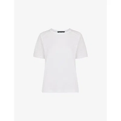 Whistles Womens White Broderie-sleeve Regular-fit Cotton T-shirt