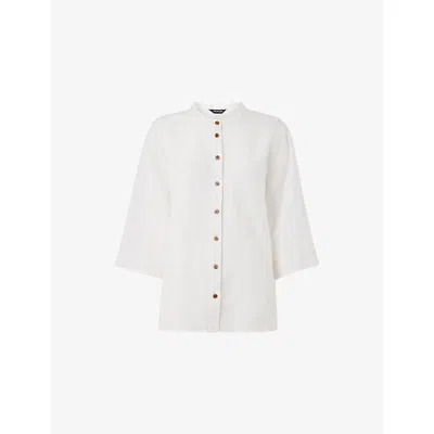 Whistles Womens White Grandad-collar Linen Shirt