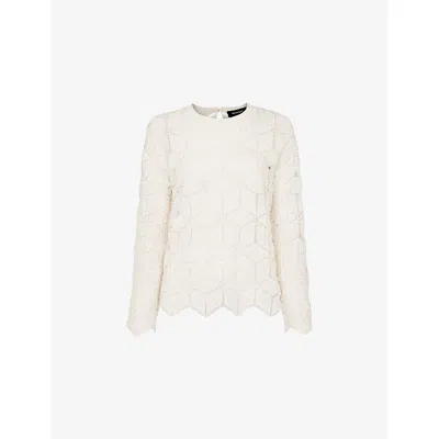 Whistles Womens Round-neck Long-sleeve Crochet-knit Top White Xs
