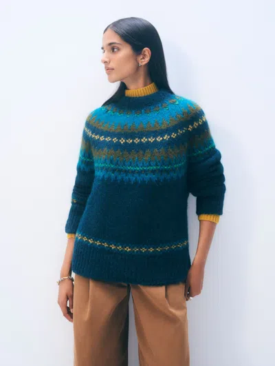 White & Warren Alpaca Blend Fair Isle Crewneck Top In Teal In Blue