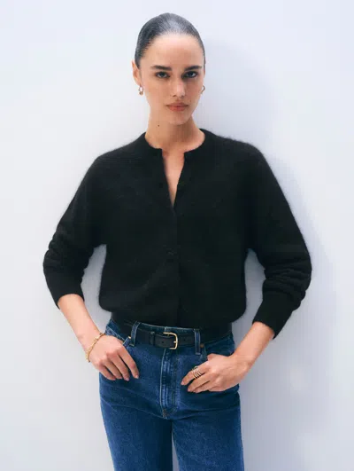 White & Warren Brushed Cashmere Crewneck Cardigan Sweater In Black