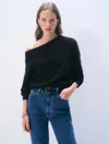 White & Warren Brushed Cashmere Off Shoulder Crewneck Top In Black In Black