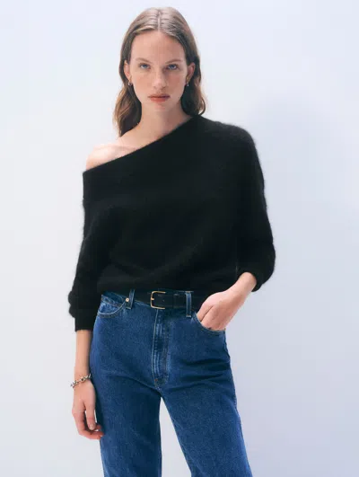 White & Warren Brushed Cashmere Off Shoulder Crewneck Top In Black