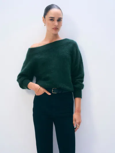 White & Warren Brushed Cashmere Off Shoulder Crewneck Top In Green