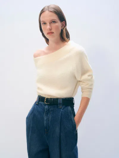 White & Warren Brushed Cashmere Off Shoulder Crewneck Top In Ivory