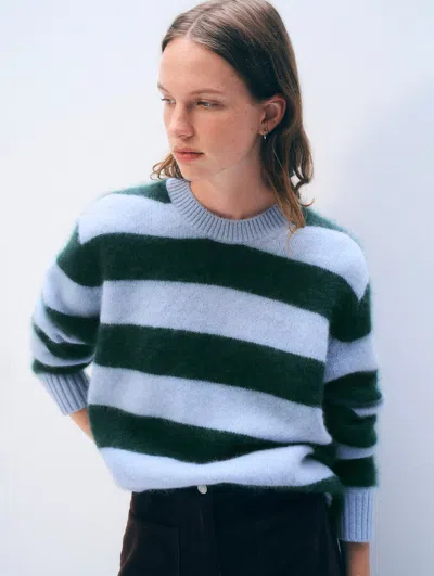 White & Warren Brushed Cashmere Striped Crewneck Top In Blue/tealwood
