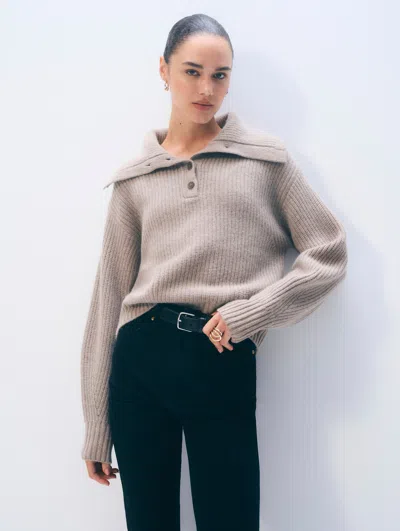 White & Warren Cashmere Blend Collared Henley Sweater In Brown In Gray