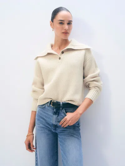 White & Warren Cashmere Blend Collared Henley Sweater In Ivory