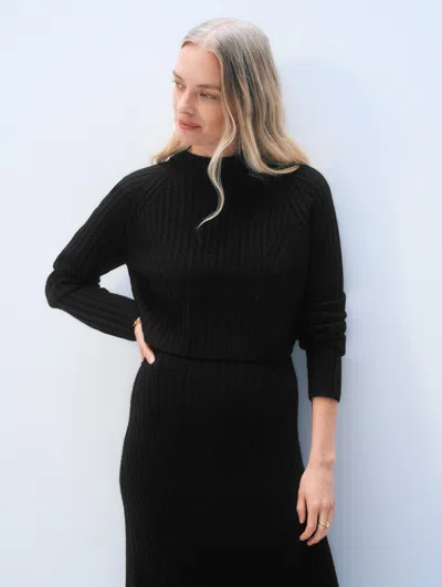 White & Warren Cashmere Blend Cropped Ribbed Crewneck Top In Black