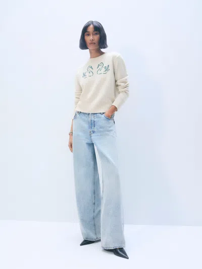 White & Warren Cashmere Blend Embroidered Swan Sweater In Green