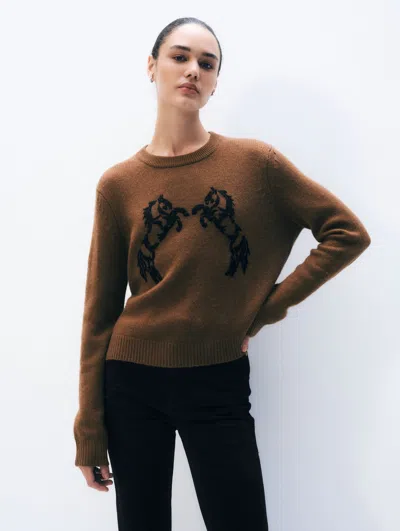 White & Warren Cashmere Blend Horse Embroidered Crewneck Top In Black In Brown