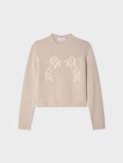 White & Warren Cashmere Blend Horse Embroidered Crewneck Top In Sand & Ivory