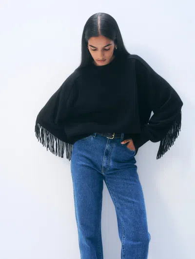White & Warren Cashmere Blend Luxe Fringe Crewneck Top In Black