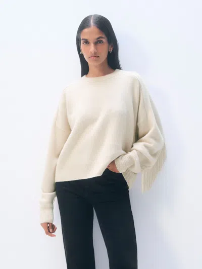 White & Warren Cashmere Blend Luxe Fringe Crewneck Top In Ivory