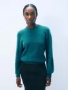 White & Warren Cashmere Blouson Sleeve Crewneck Top In Teal In Blue