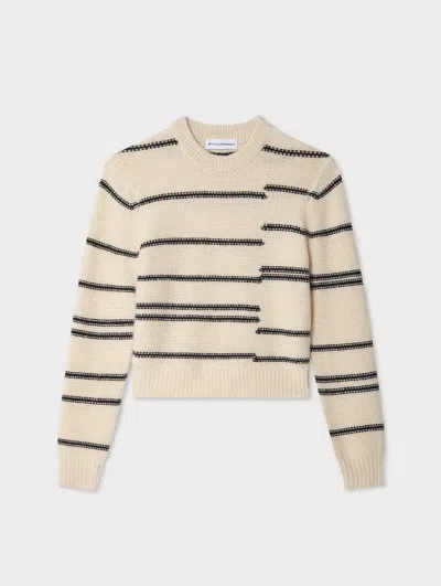 White & Warren Cashmere Broken Stripe Crewneck Top In Natural/black In Neutral