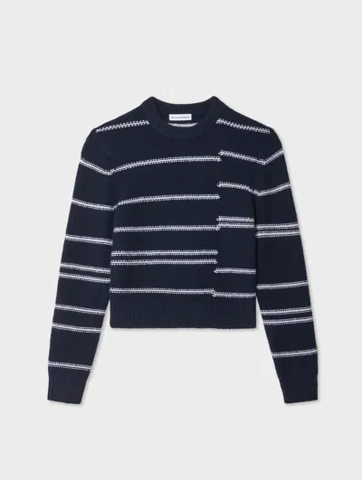 White & Warren Cashmere Broken Stripe Crewneck Top In White In Multi