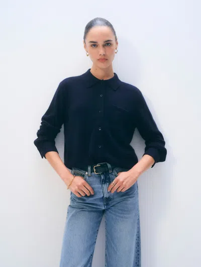 White & Warren Cashmere Button Shirt Sweater In Navy In Blue