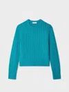 White & Warren Cashmere Cable Crewneck Top In Turquoise Sea In Blue