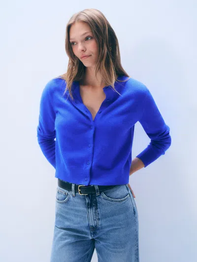 White + Warren White & Warren Cashmere Crewneck Cardigan Sweater In Cobalt Blue