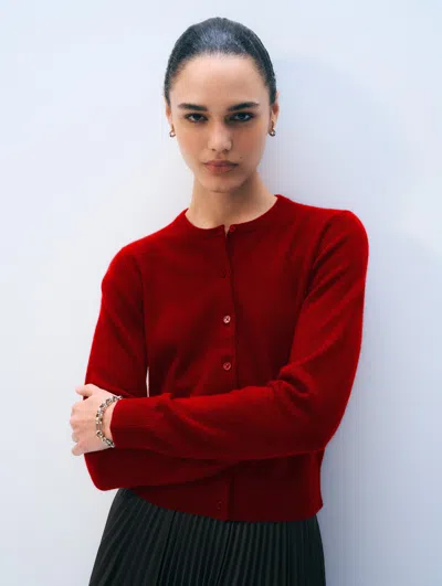 White & Warren Cashmere Crewneck Cardigan Sweater In Deep Crimson In Red