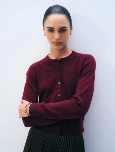 White & Warren Cashmere Crewneck Cardigan Sweater In Sangria In Red