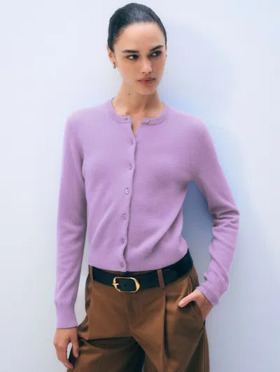 White & Warren Cashmere Crewneck Cardigan Sweater In Soft Plum In Purple