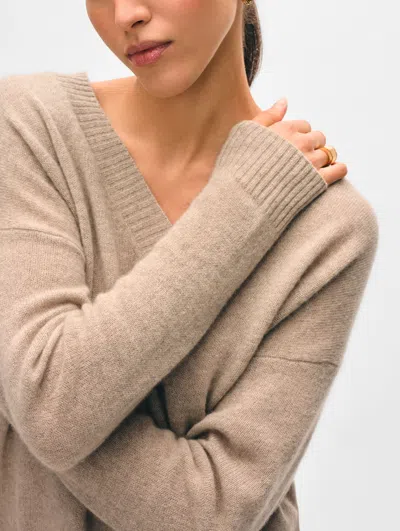 White & Warren Cashmere Featherweight V Neck In Taupe Heather In Neutral