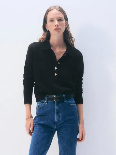 White & Warren Cashmere Gold Button Polo Sweater In Black