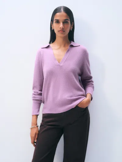 White & Warren Cashmere Long-sleeved Polo Sweater In Soft Plum In Blue