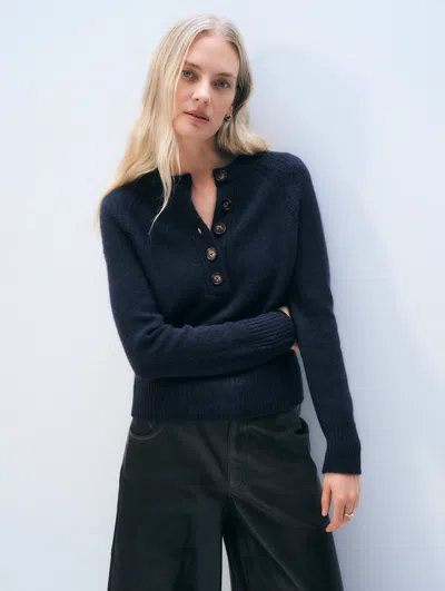 White & Warren Cashmere Luxe Henley Sweater In Navy In Blue
