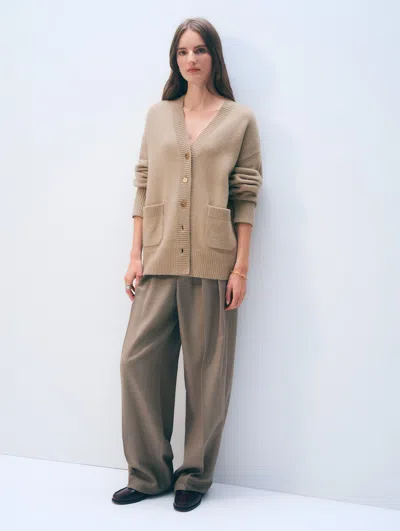 White & Warren Cashmere Luxe Pocket Cardigan Sweater In Khaki In Brown