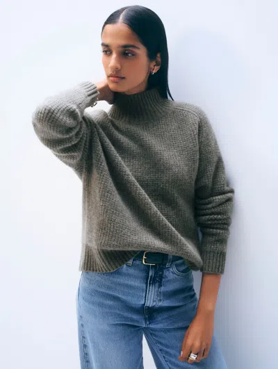 White & Warren Cashmere Luxe Waffle Standneck Sweater In Brown
