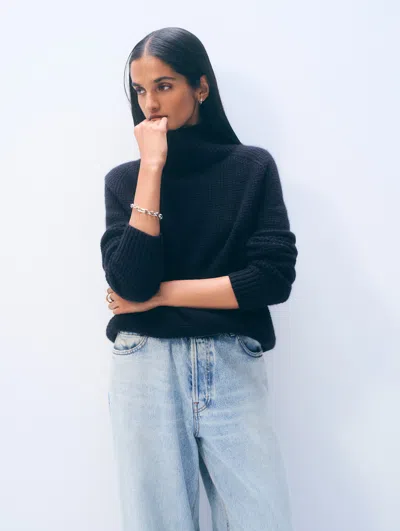 White & Warren Cashmere Luxe Waffle Standneck Sweater In Navy In Blue