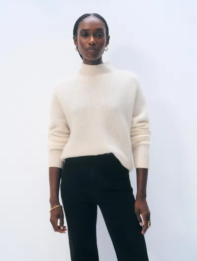 White & Warren Cashmere Luxe Waffle Standneck Sweater In White