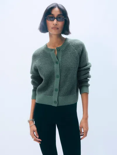 White & Warren Cashmere Mesh Cardigan Sweater In Ivy Green