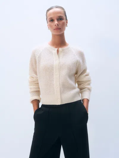 White & Warren Cashmere Mesh Cardigan Sweater In Soft White In Soft White