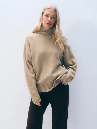 White & Warren Cashmere Oversized Standneck Sweater In Khaki In Neutral