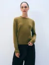 White & Warren Cashmere Rib Trim Crewneck Top In Bright Olive In Green