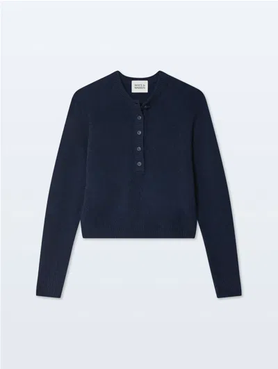 White & Warren Cashmere Rib Trim Henley Sweater In Navy In Blue