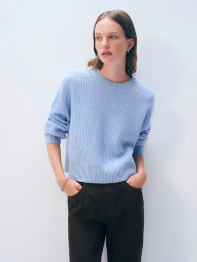 White & Warren Cashmere Ribbed Saddle Sleeve Crewneck Top In Blue