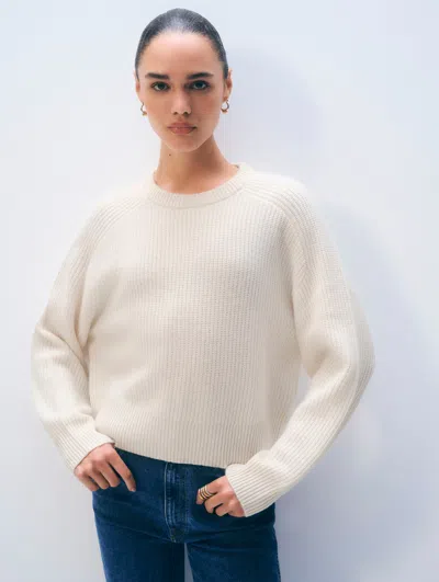 White & Warren Cashmere Ribbed Saddle Sleeve Crewneck Top In White In Neutral