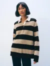 White & Warren Cashmere Rugby Stripe Polo Sweater In Black In Neutral