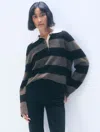 White & Warren Cashmere Rugby Stripe Polo Sweater In Black/dachshund In Gray