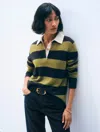 White & Warren Cashmere Rugby Stripe Polo Sweater In Green In Green