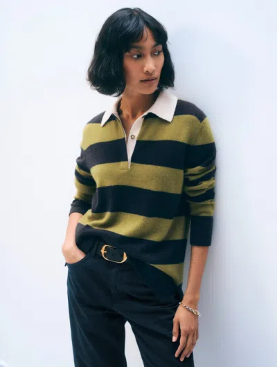 White & Warren Cashmere Rugby Stripe Polo Sweater In Green