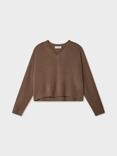 White & Warren Cashmere Saddle Shoulder V Neck Sweater In Brown